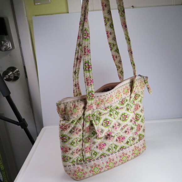 Lt Pink & Lime Green Floral Quilted Tote Shoulder Bag Boho Cottagecore - Picture 1 of 8